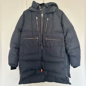 OROLAY Women's Puffer Jacket in Navy with Hood & Zip Pockets w/ Orange Lining